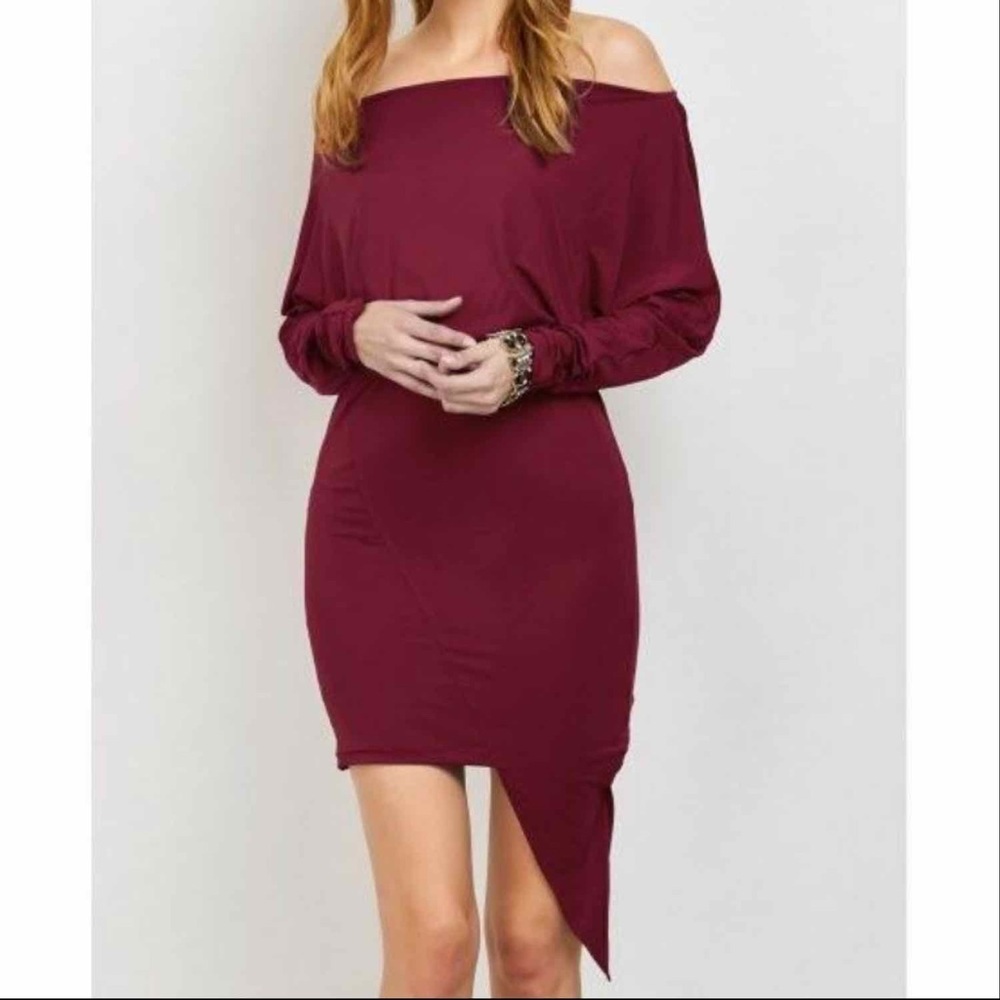 Burgundy Off Shoulder Long Sleeve Dress